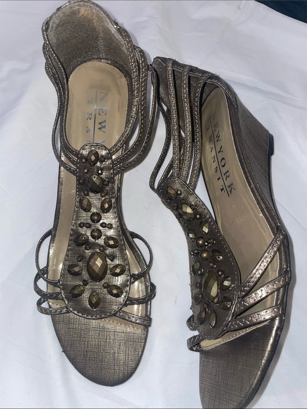 New York Transit Bronze Jeweled Strappy Wedge Sandals